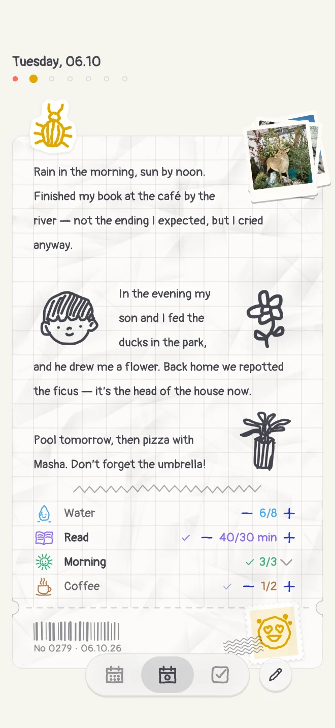 A Boop diary entry: a few lines of text, small doodles, and a row of habit counters for water, reading, morning routine and coffee