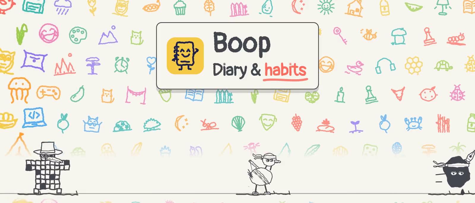 Boop app banner: hand-drawn doodle icons surrounding the Boop diary and habits logo