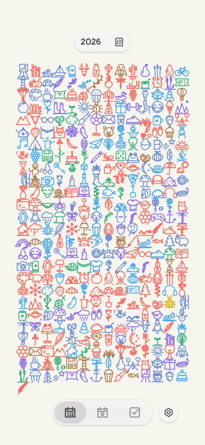 The Boop year view: hundreds of small colorful doodles tiling into a canvas for 2026